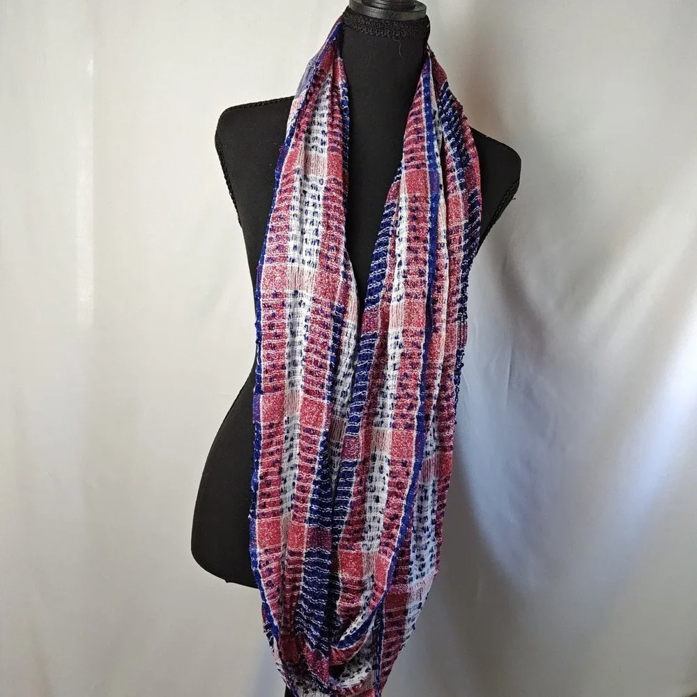 Patriotic Infinity Scarf Red White Blue Metallic Lightweight Open Weave Loop